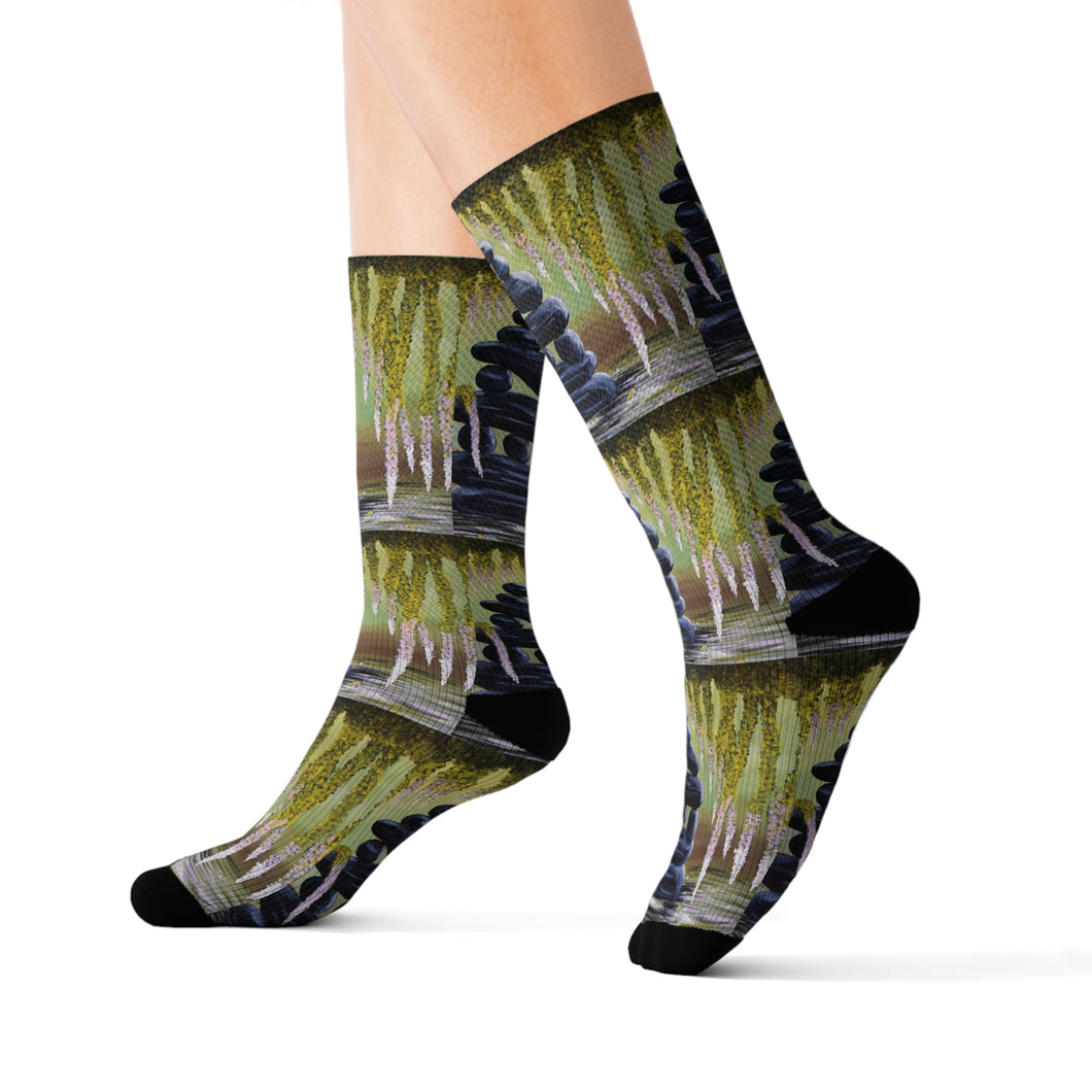 Step out in style with these funky socks! 3 sizes. Ribbed tube, cushioned bottoms, sublimated print by Kerry Sandhu Art