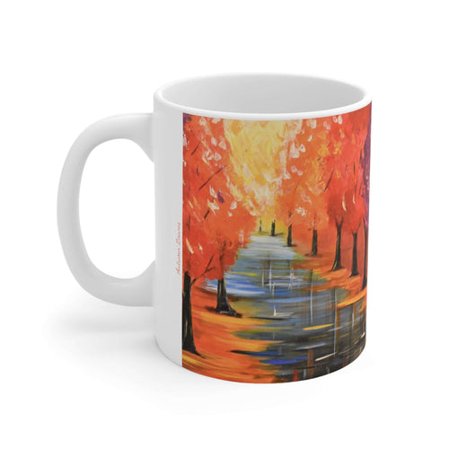 11oz BPA, lead-free, microwave/dishwasher safe, white ceramic, vivid colours. Many original artworks by Kerry Sandhu Art