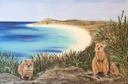 Quokkas overlooking Pinky's Beach and lighthouse on Rottnest Island Western Australia