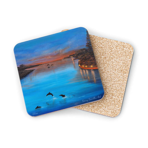 Corkwood underside, glossy finish on top. Comes in 1 or 4 pc sets. 9.5x9.5cm. Mandurah West Australia coastal sunset dolphins