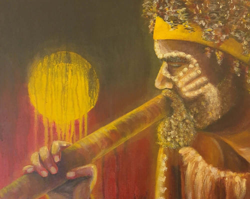 First Nations man playing a didgeridoo with an abstract Aboriginal flag background on a blank card