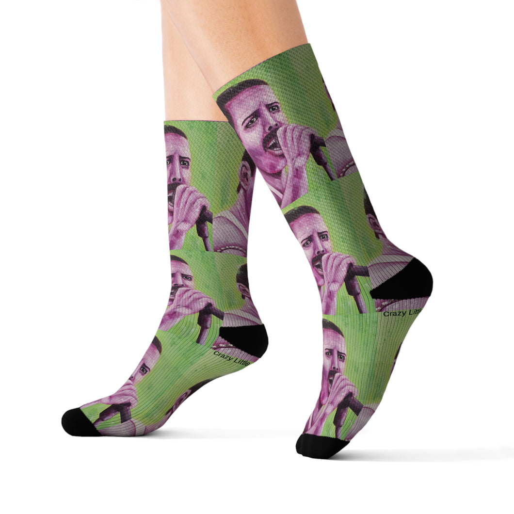 Step out in style with these funky socks! 3 sizes. Ribbed tube, cushioned bottoms, sublimated print by Kerry Sandhu Art