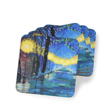 Load image into Gallery viewer, Corkwood underside, glossy finish on top. Available in 1 or 4 pc sets. 9.5 x 9.5cm. Colourful pathway of lights in the rain.
