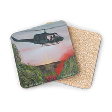 Load image into Gallery viewer, Corkwood underside, glossy finish on top. 1 or 4 pc sets. 9.5x9.5cm. ANZAC Inspired Vietnam War Battle of Long Tan w/ chopper
