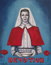 Load image into Gallery viewer, Original Artwork painted ANZAC Day 2024. WWI Nurse in a red cape holding a bowl with the word devotion underneath w/ one purple &amp; two red poppies, blue background.
