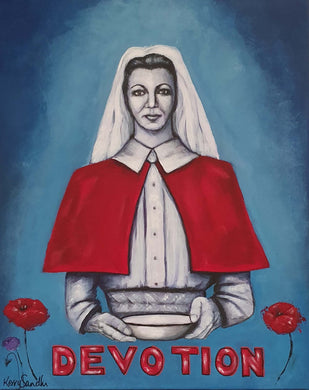 Original Artwork painted ANZAC Day 2024. WWI Nurse in a red cape holding a bowl with the word devotion underneath w/ one purple & two red poppies, blue background.