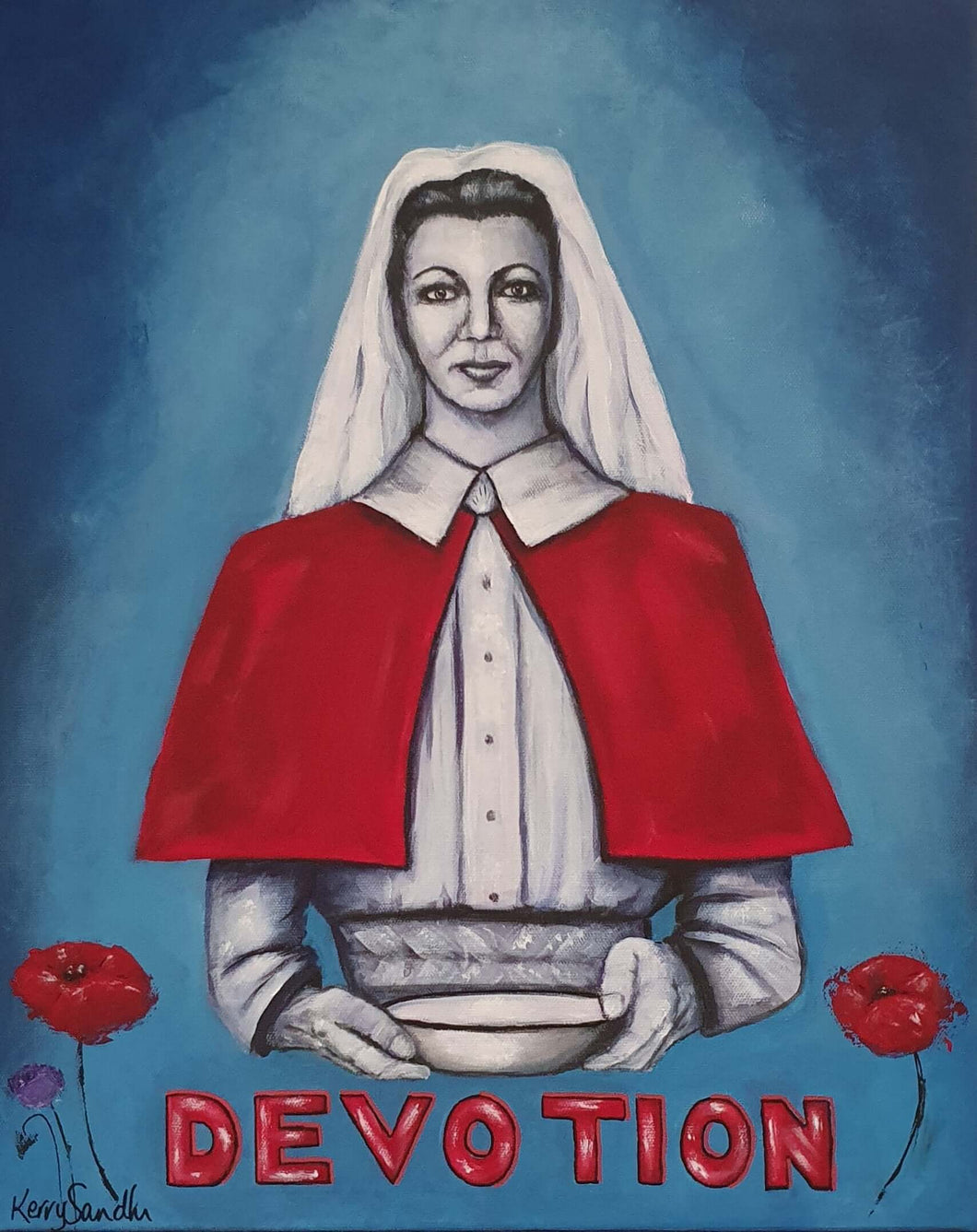 Original Artwork painted ANZAC Day 2024. WWI Nurse in a red cape holding a bowl with the word devotion underneath w/ one purple & two red poppies, blue background.