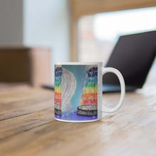 Load image into Gallery viewer, 11oz BPA, lead-free, microwave/dishwasher safe, white ceramic, vivid colours. Many original artworks by Kerry Sandhu Art
