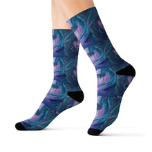 Load image into Gallery viewer, Step out in style with these funky socks! 3 sizes. Ribbed tube, cushioned bottoms, sublimated print by Kerry Sandhu Art
