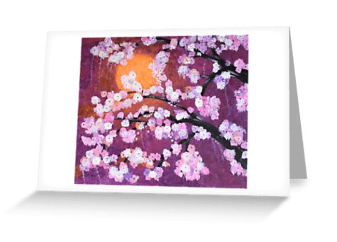 Pink, people and white cherry blossoms on a tree with a sun behind on a blank card