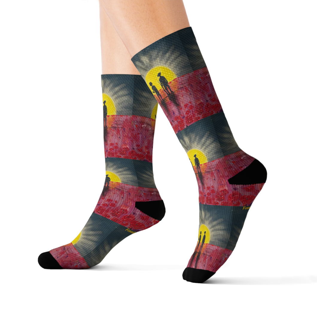 Step out in style with these funky socks! 3 sizes. Ribbed tube, cushioned bottoms, sublimated print by Kerry Sandhu Art