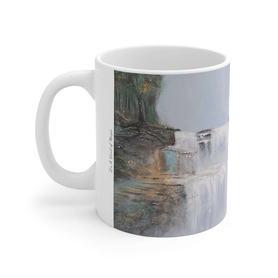 11oz BPA, lead-free, microwave/dishwasher safe, white ceramic, vivid colours. Many original artworks by Kerry Sandhu Art