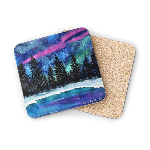 Corkwood underside, glossy finish on top. Available in 1 or 4 pc sets. 9.5 x 9.5cm. Northern lights, Aurora Borealis, snow