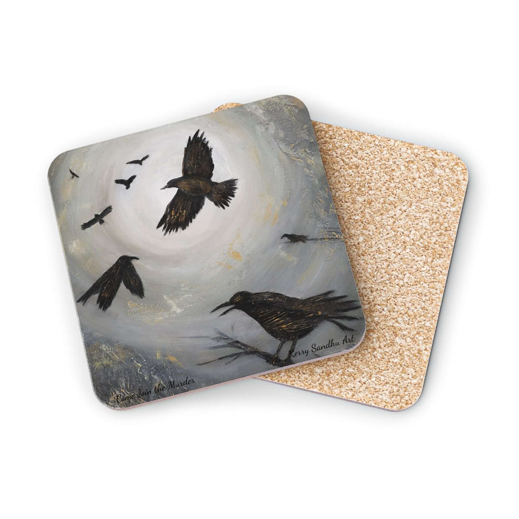 Corkwood underside, glossy finish on top. Available in 1 or 4 pc sets. 9.5 x 9.5cm. Scene of crows, ravens, blackbirds flying