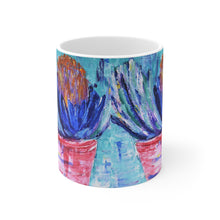 Load image into Gallery viewer, 11oz BPA, lead-free, microwave/dishwasher safe, white ceramic, vivid colours. Many original artworks by Kerry Sandhu Art
