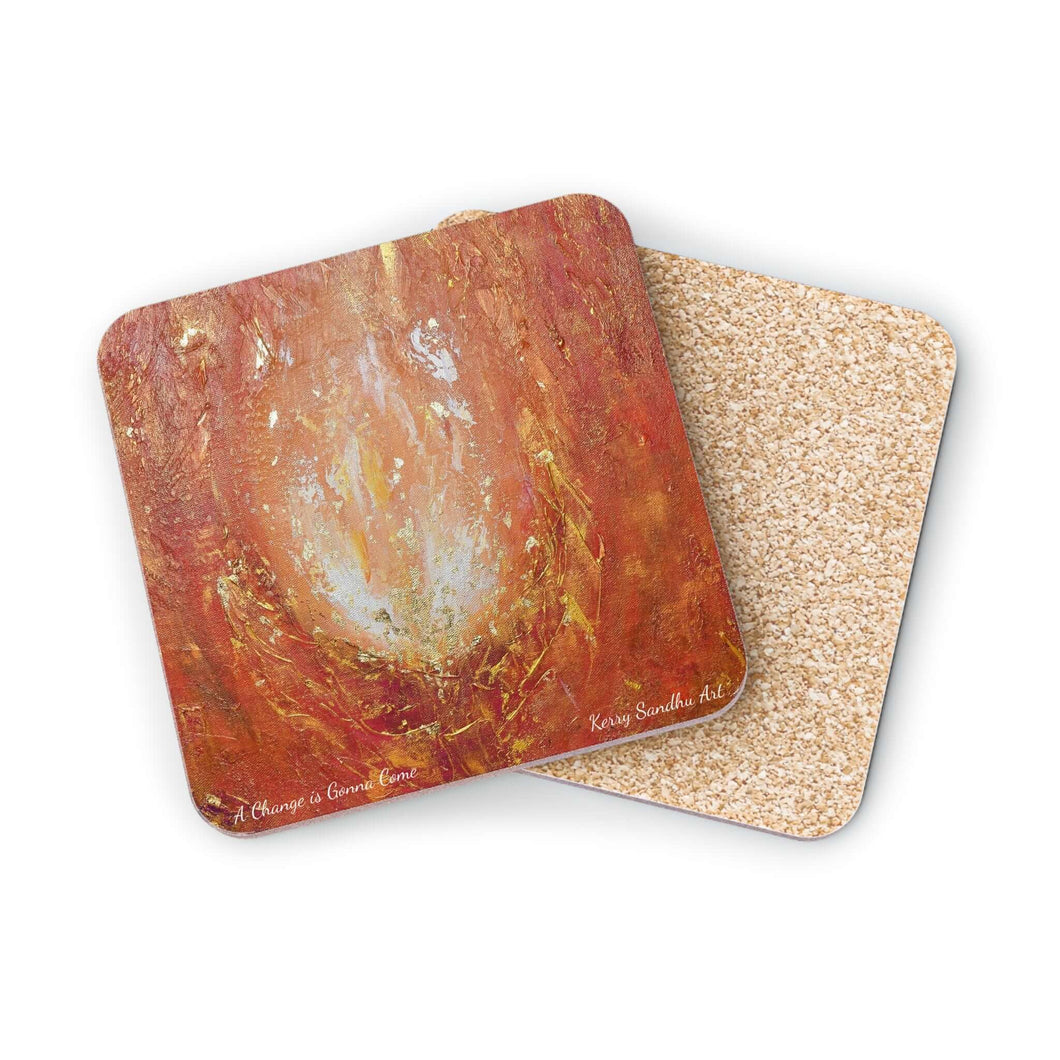 Corkwood underside, glossy finish on top. Available in 1 or 4 pc sets. 9.5 x 9.5cm. Abstract orange, yellow & gold flame