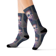 Load image into Gallery viewer, Step out in style with these funky socks! 3 sizes. Ribbed tube, cushioned bottoms, sublimated print by Kerry Sandhu Art
