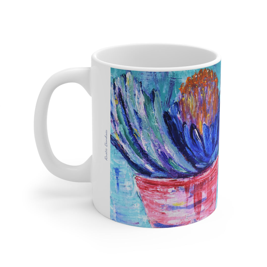 11oz BPA, lead-free, microwave/dishwasher safe, white ceramic, vivid colours. Many original artworks by Kerry Sandhu Art