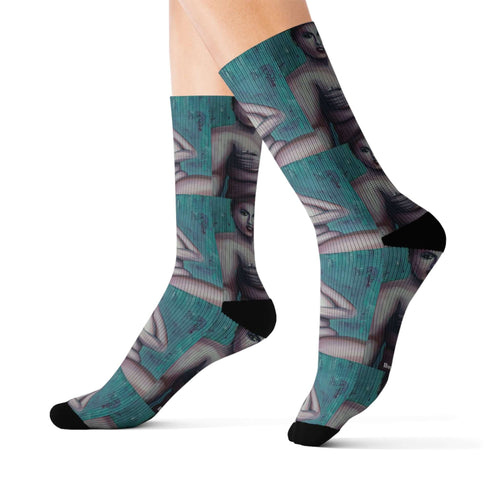 Step out in style with these funky socks! 3 sizes. Ribbed tube, cushioned bottoms, sublimated print by Kerry Sandhu Art