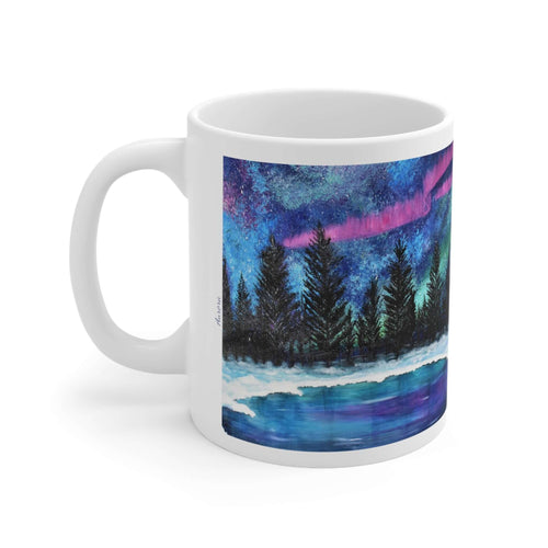 11oz BPA, lead-free, microwave/dishwasher safe, white ceramic, vivid colours. Many original artworks by Kerry Sandhu Art