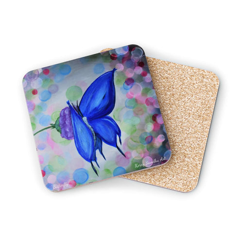 Corkwood underside, glossy finish on top. Comes in 1 or 4 pc sets 9.5 x 9.5cm. Blue butterfly on flower & abstract background