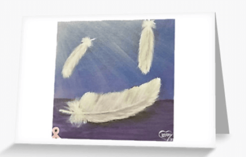 'The Light'. Beautiful textured white feathers cascading down through light rays, on a round canvas by Kerry Sandhu Art