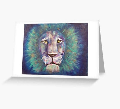Bold coloured close-up lion head on a blank card