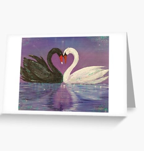 Blank and white swans facing each other to form a love heart with water reflections on a blank card