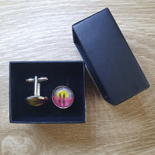 Load image into Gallery viewer, 16mm Cufflinks - Abstract Aboriginal flag/Rising Sun &amp; silhouette of Aboriginal holding spear &amp; soldier holding gun &amp; poppies
