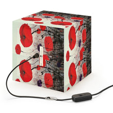 Load image into Gallery viewer, Original painting of red poppies with an abstract background on a lightweight cube lamp
