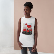 Load image into Gallery viewer, Regular fit sleeveless tank tee is 100% light cotton w/ low &amp; raw (unsewn) armholes by Kerry Sandhu Art. 7 ANZAC designs
