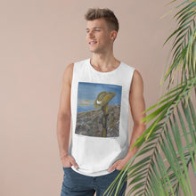 Load image into Gallery viewer, Regular fit sleeveless tank tee is 100% light cotton w/ low &amp; raw (unsewn) armholes by Kerry Sandhu Art. 7 ANZAC designs
