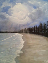 Load image into Gallery viewer, Original painting of a pine tree lined beach with sunrays poking through the clouds by Kerry Sandhu Art
