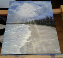 Load image into Gallery viewer, Original painting of a pine tree lined beach with sunrays poking through the clouds by Kerry Sandhu Art
