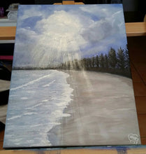 Load image into Gallery viewer, Original painting of a pine tree lined beach with sunrays poking through the clouds by Kerry Sandhu Art
