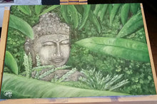 Load image into Gallery viewer, Original painting of a serene buddha head statue in a garden by Kerry Sandhu Art
