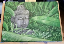 Load image into Gallery viewer, Original painting of a serene buddha head statue in a garden by Kerry Sandhu Art
