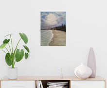 Load image into Gallery viewer, Original painting of a pine tree lined beach with sunrays poking through the clouds by Kerry Sandhu Art
