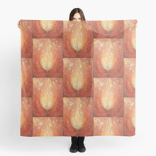 Load image into Gallery viewer, Abstract painting of an orange and yellow flame with gold leaf detail large 140 x 140cm scarf / wrap / shawl
