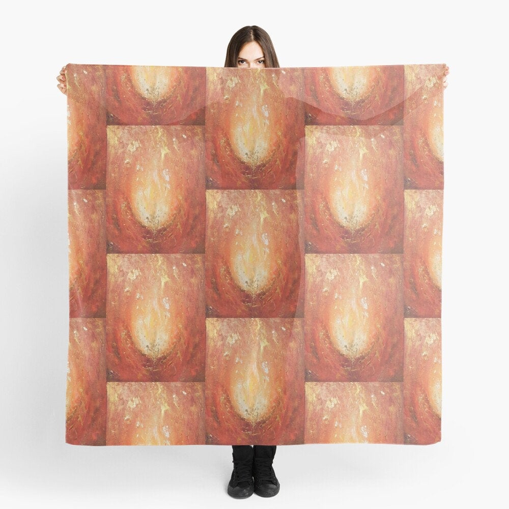 Abstract painting of an orange and yellow flame with gold leaf detail large 140 x 140cm scarf / wrap / shawl