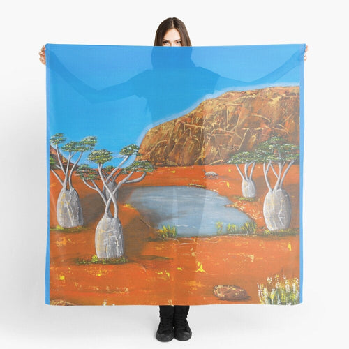 Large rock formation, boab trees, billabong & emu, Beautiful orange & blue complimentary colours 140x140cm scarf/wrap/shawl