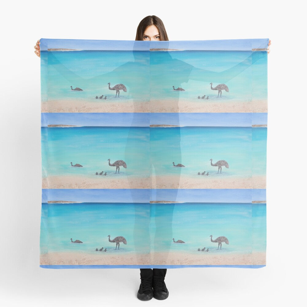 Emu family taking a swim at a gorgeous calm turquoise beach in Denham Western Australia 140x140cm scarf/wrap/shawl